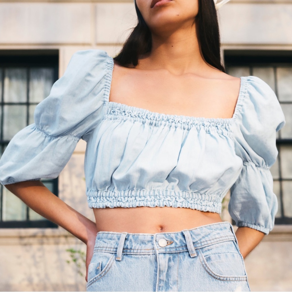 ZARA Puff Sleeve Tie Back Cropped Top